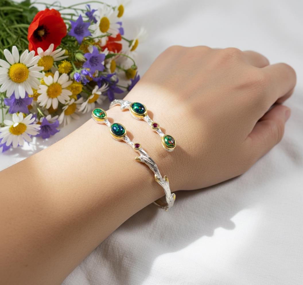 925 Sterling Silver Black Opal Branch Cuff Bracelet