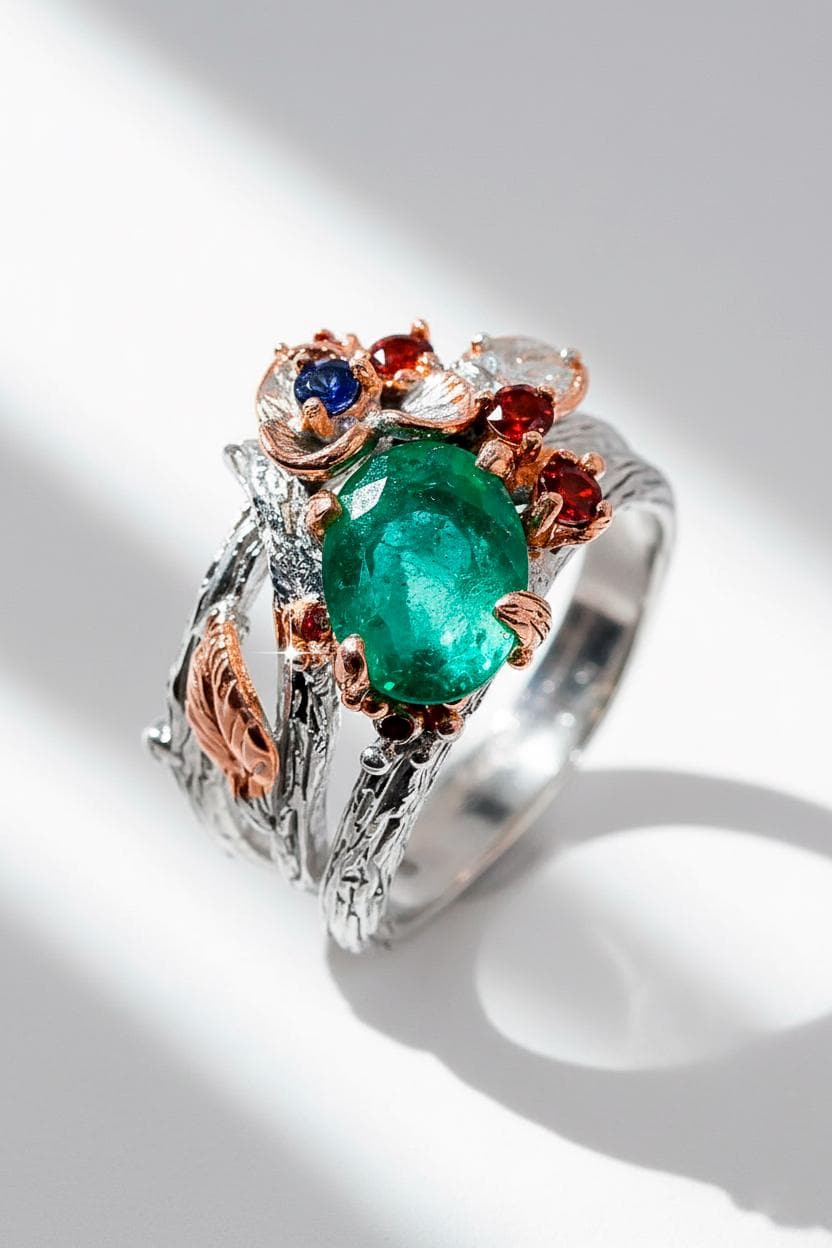 925 Sterling Silver Emerald Nature Ring