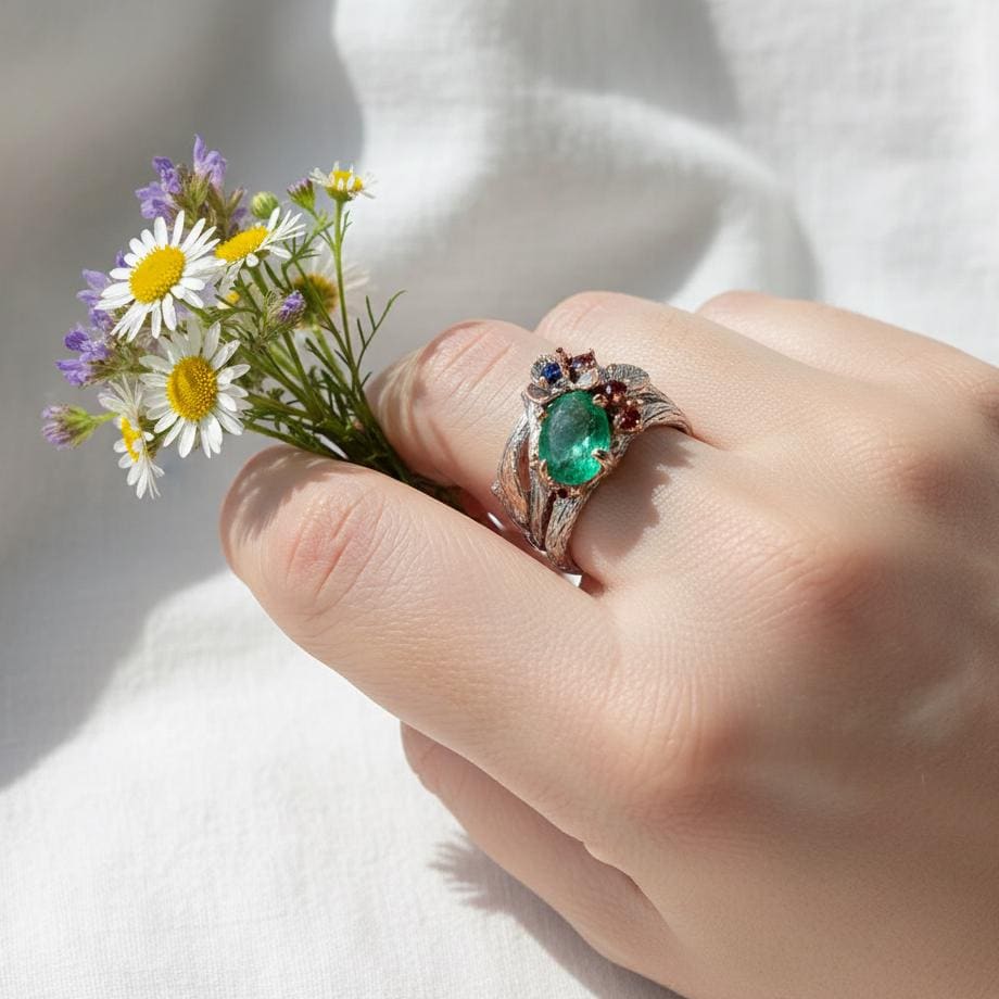 925 Sterling Silver Emerald Nature Ring