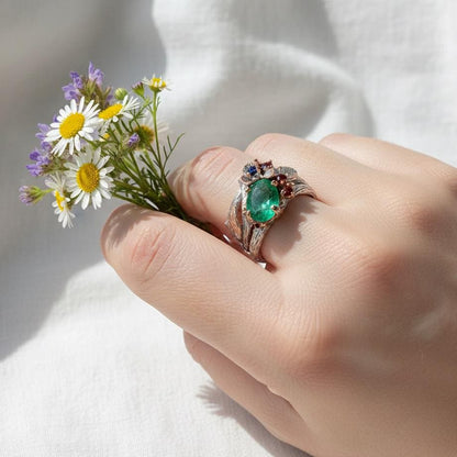 925 Sterling Silver Emerald Nature Ring