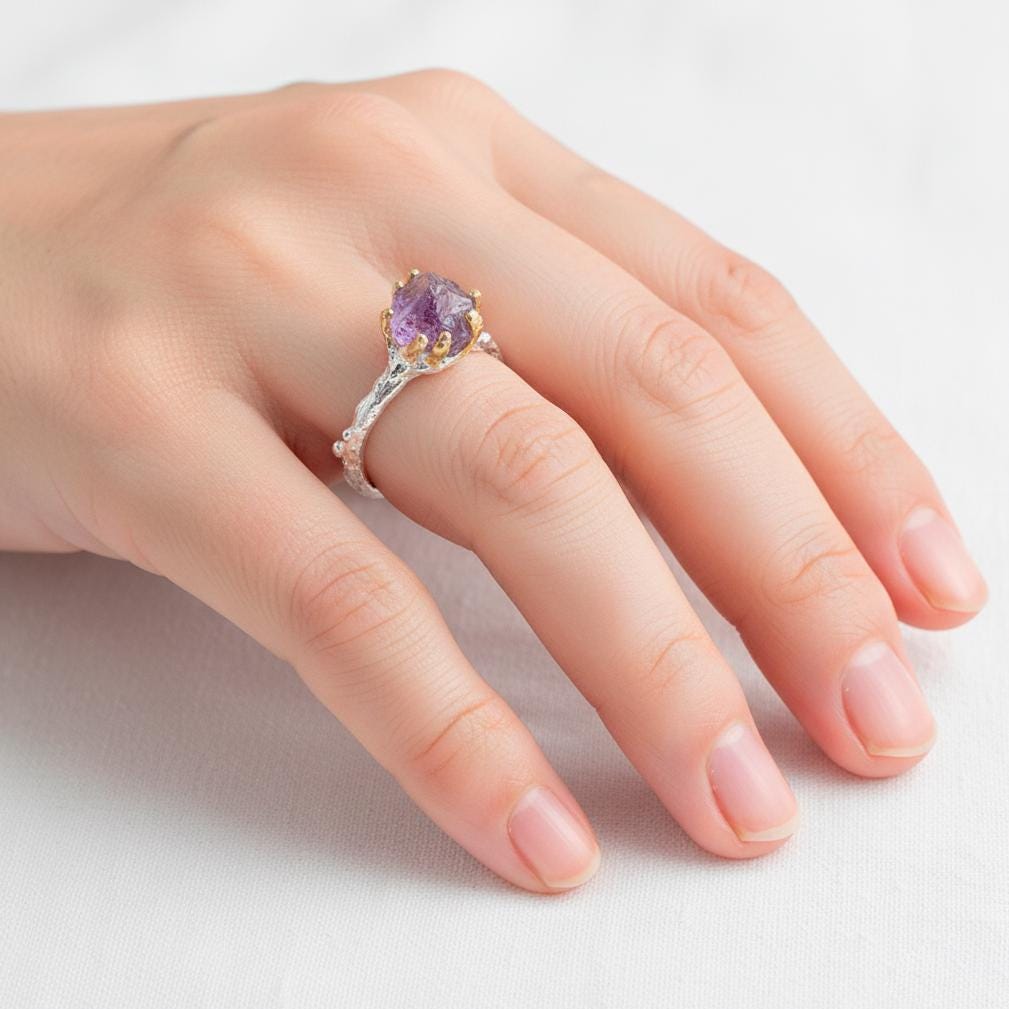 925 Sterling Silver Raw Purple Amethyst Ring