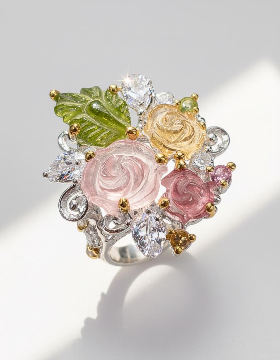 925 Sterling Silver Bouquet Flower Tourmaline Ring