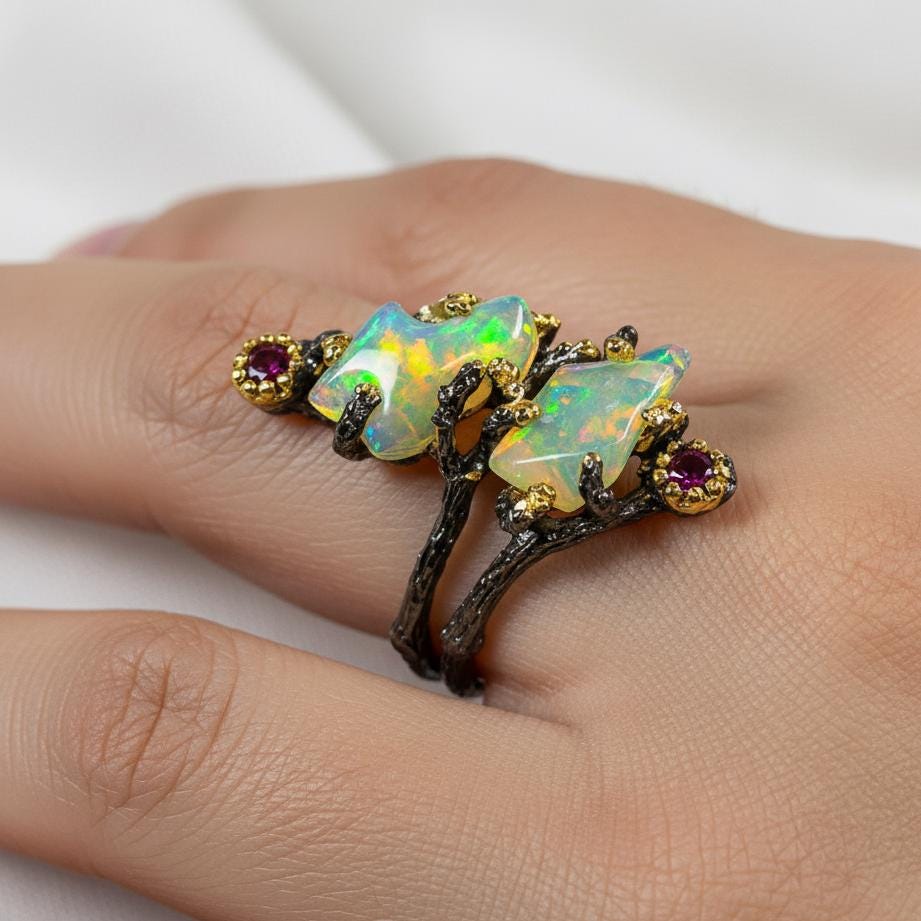 925 Sterling Silver Raw Fire Opal Branch Ring