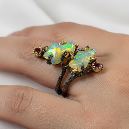 925 Sterling Silver Raw Fire Opal Branch Ring