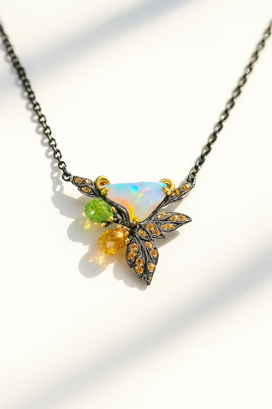925 sterling silver rainbow opal leaf necklace