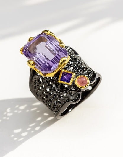 925 Sterling Silver Amethyst Chunky Wide Ring