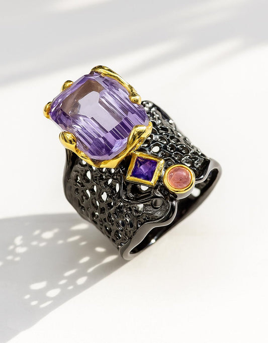 925 Sterling Silver Amethyst Chunky Wide Ring