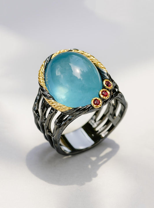 925 Sterling Silver Blue Aquamarine Branch Ring