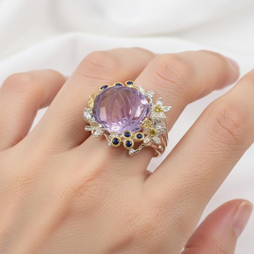 925 Sterling Silver Amethyst Flower Bouquet Ring