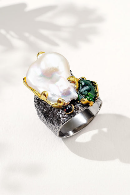 925 Sterling Silver Baroque Pearl Wide Band Ring