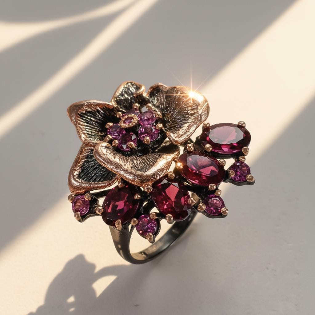 925 Sterling Silver Garnet Flower Ring