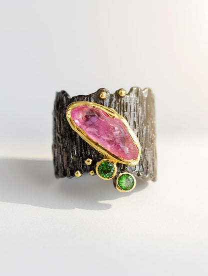 925 Sterling Silver Raw Pink Ruby Statement Ring