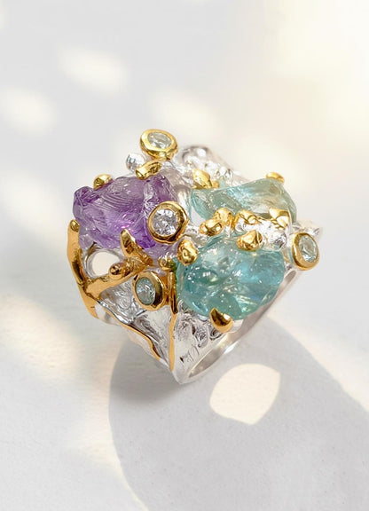 925 Sterling Silver Raw Apatite Amethyst Chunky Ring
