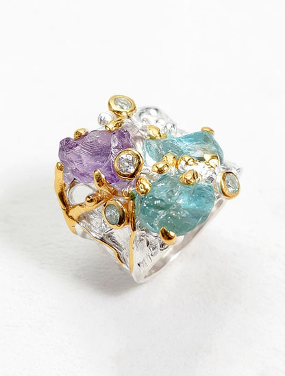 925 Sterling Silver Raw Apatite Amethyst Chunky Ring