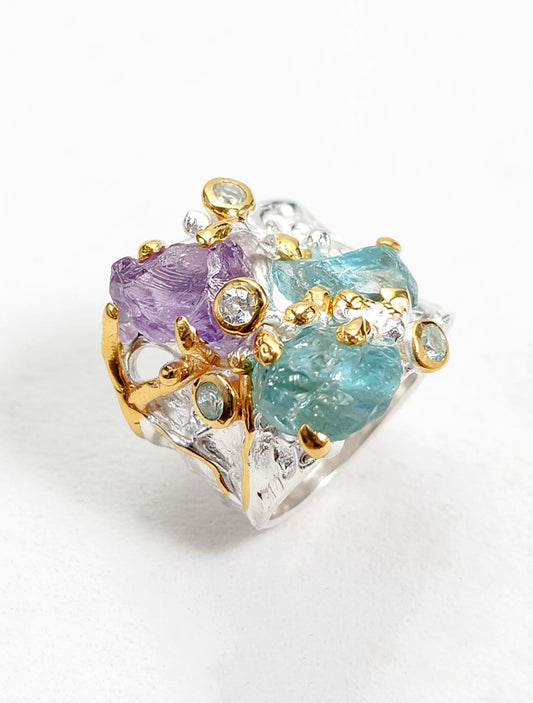 925 Sterling Silver Raw Apatite Amethyst Chunky Ring