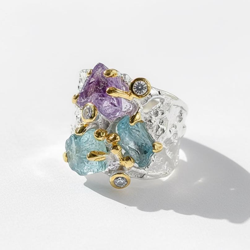 925 Sterling Silver Raw Apatite Amethyst Chunky Ring