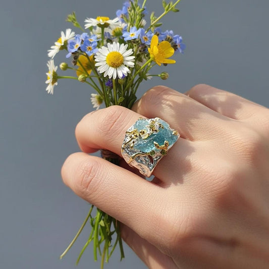 925 Sterling Silver Raw Apatite Textured Ring