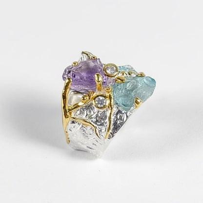 925 Sterling Silver Raw Apatite Amethyst Chunky Ring