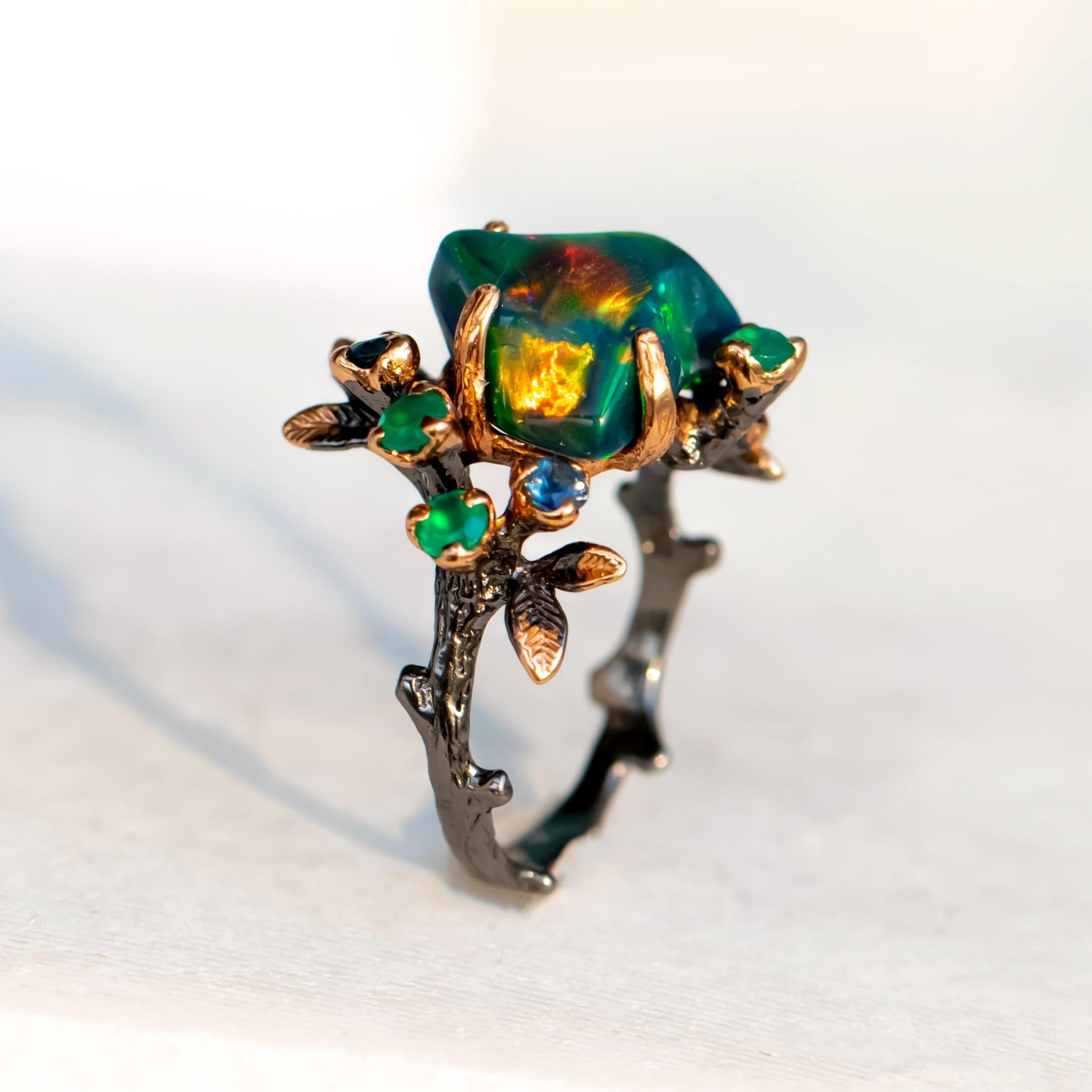 925 Sterling Silver Raw Black Opal Branch Ring