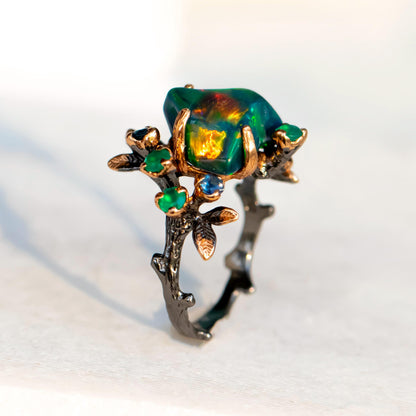 925 Sterling Silver Raw Black Opal Branch Ring