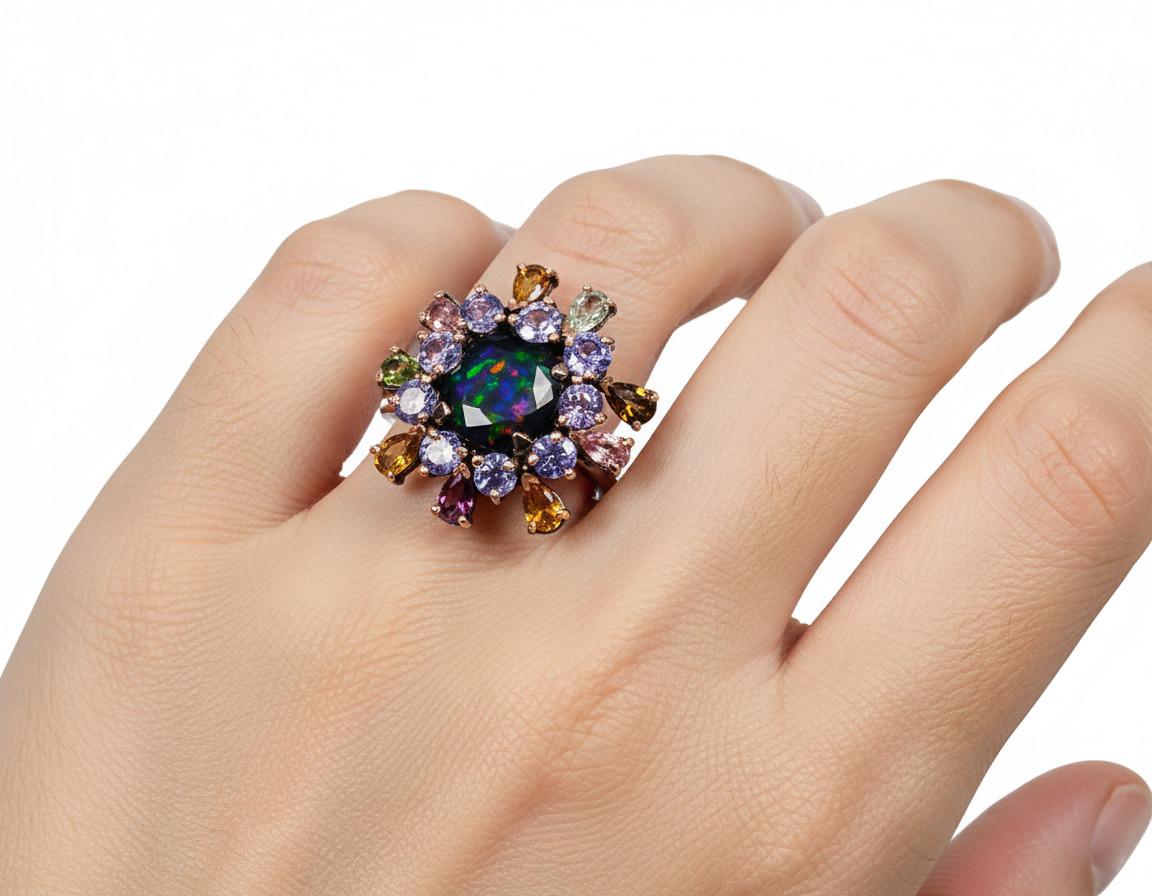 925 Sterling Silver Black Opal Halo Ring
