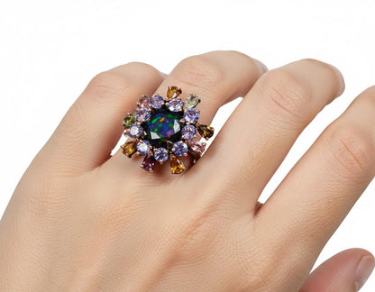 925 Sterling Silver Black Opal Halo Ring