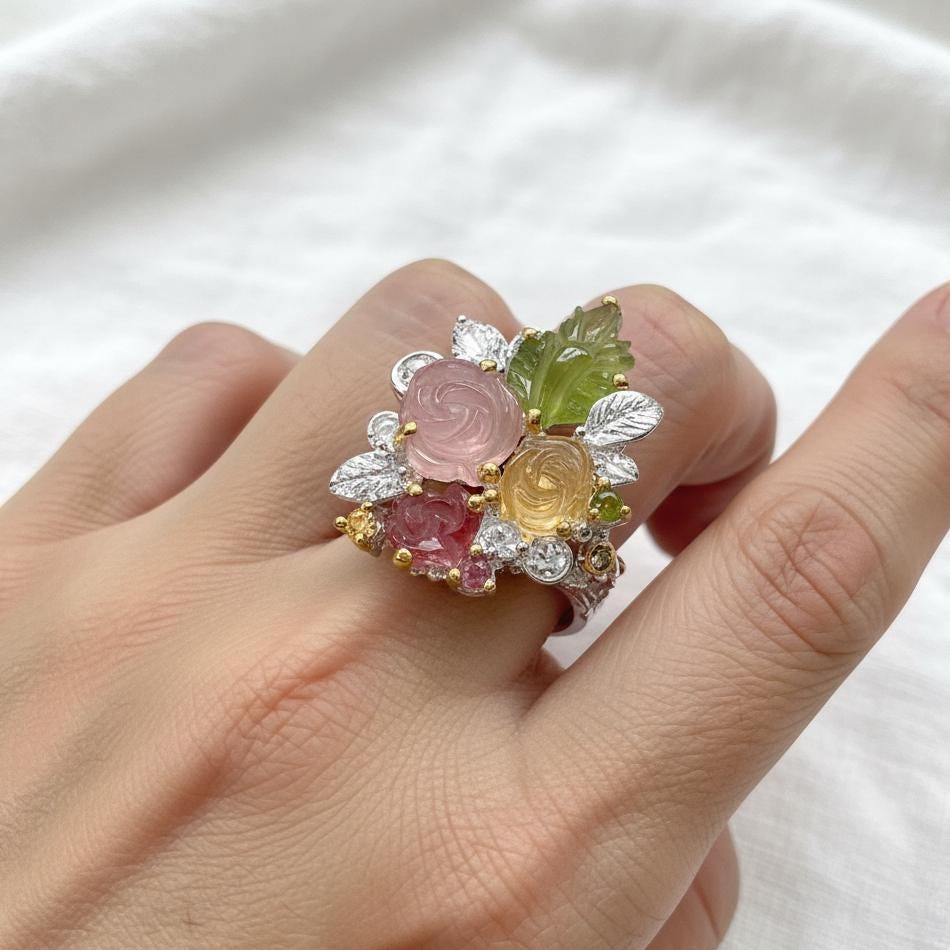 925 Sterling Silver Bouquet Flower Tourmaline Ring