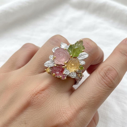 925 Sterling Silver Bouquet Flower Tourmaline Ring