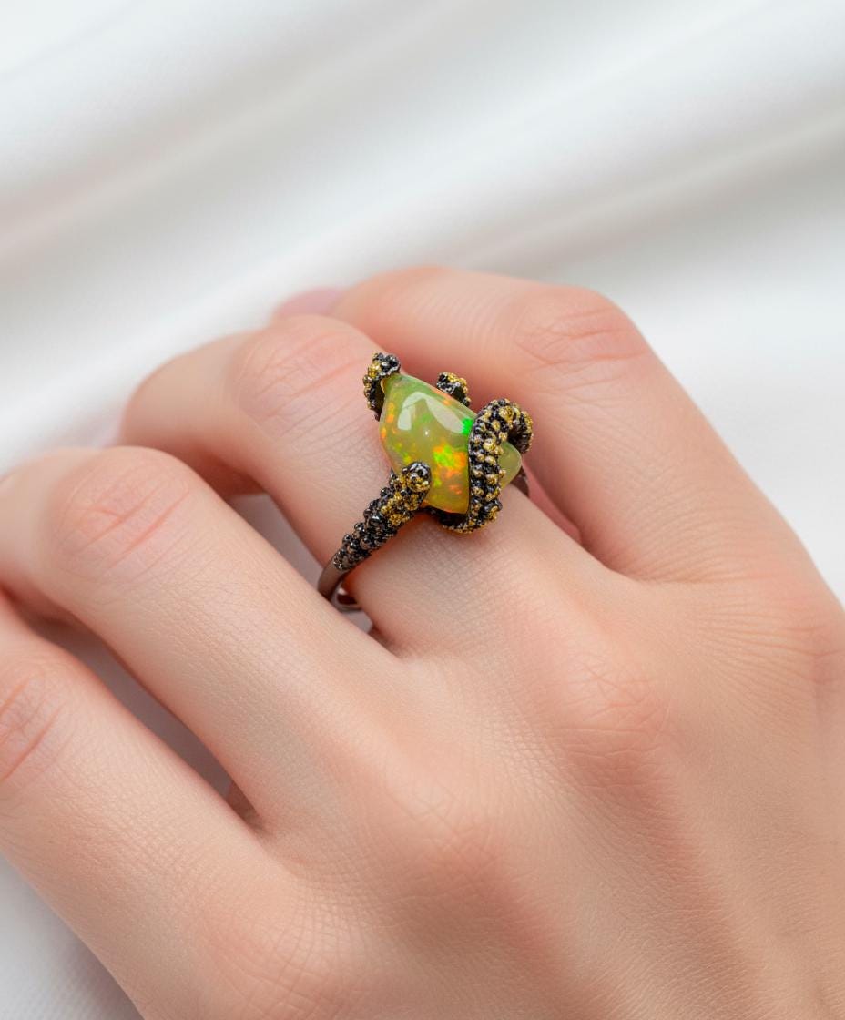 925 Sterling Silver Raw Fire Opal Octopus Ring