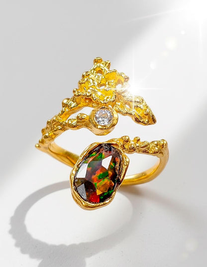 925 Sterling Silver Black Opal Leaf Ring