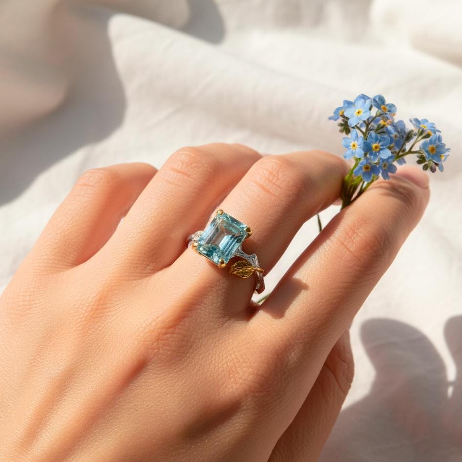 925 Sterling Silver Aquamarine Ring, close-up detail