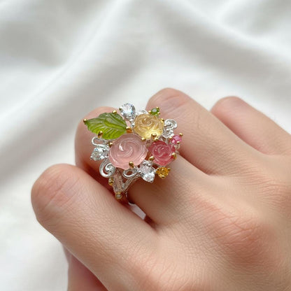 925 Sterling Silver Bouquet Flower Tourmaline Ring
