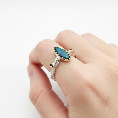 925 Sterling Silver Black Opal Branch Ring
