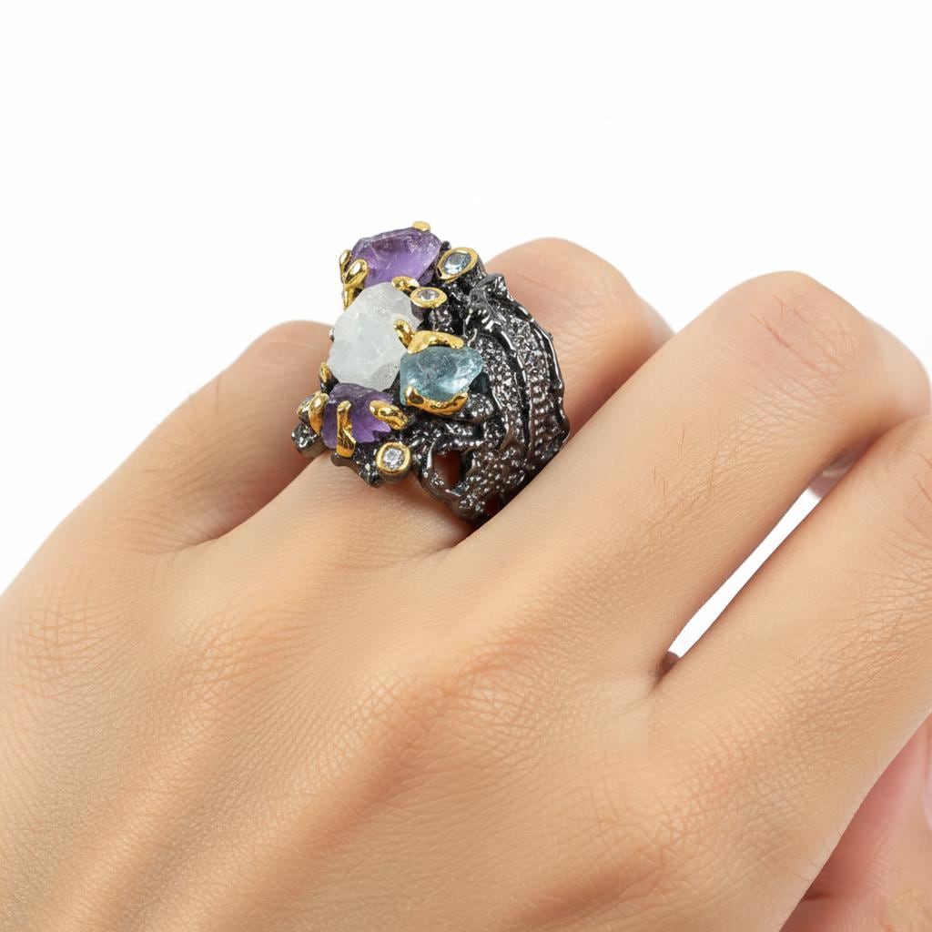 925 Sterling Silver Raw Amethyst Wide Band Ring