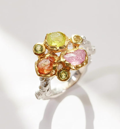 925 Sterling Silver Raw Peridot Ruby Sapphire Ring