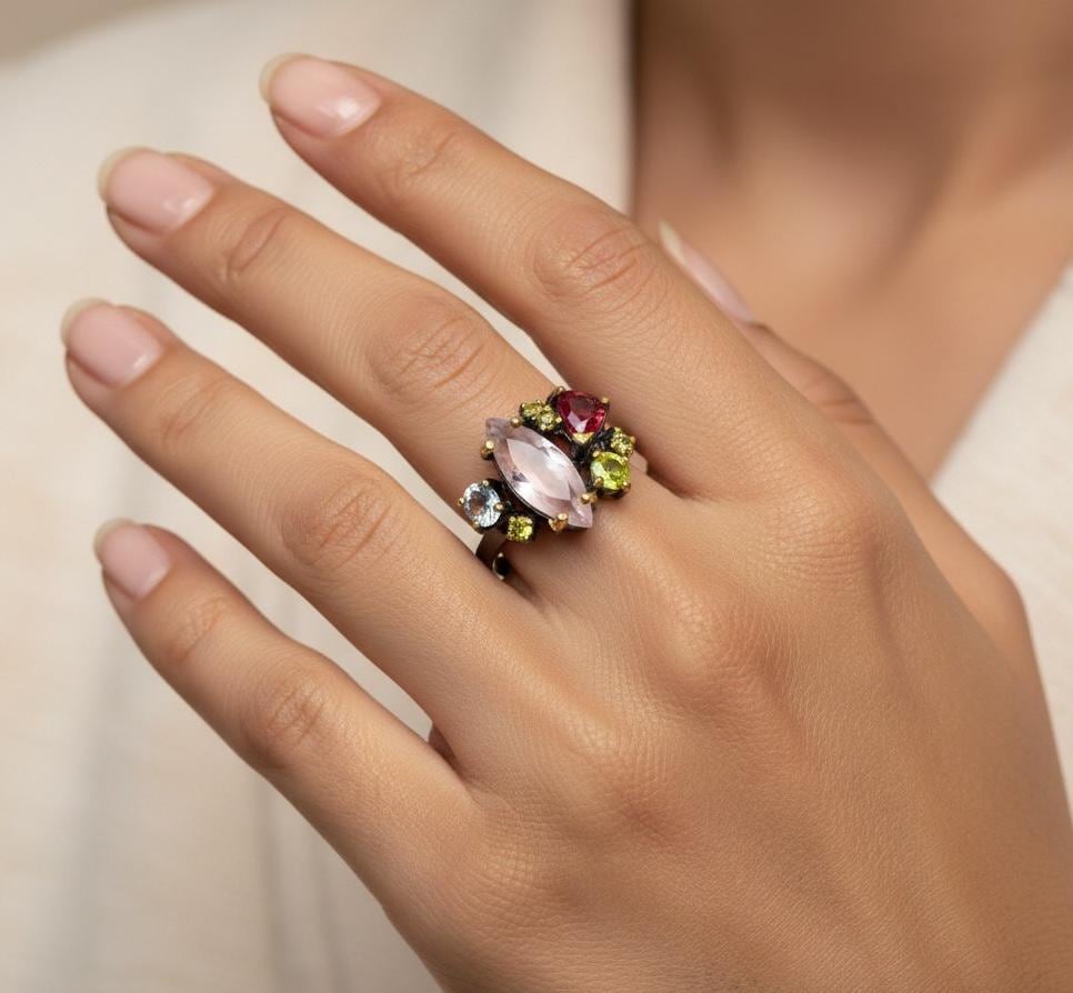 925 Sterling Silver Morganite Cluster Ring