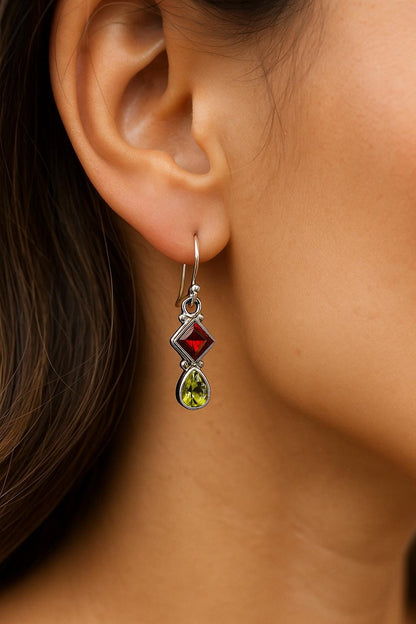 925 Sterling Silver Peridot Garnet Earrings