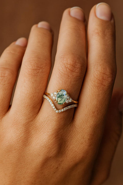 925 sterling silver moss agate green oval ring