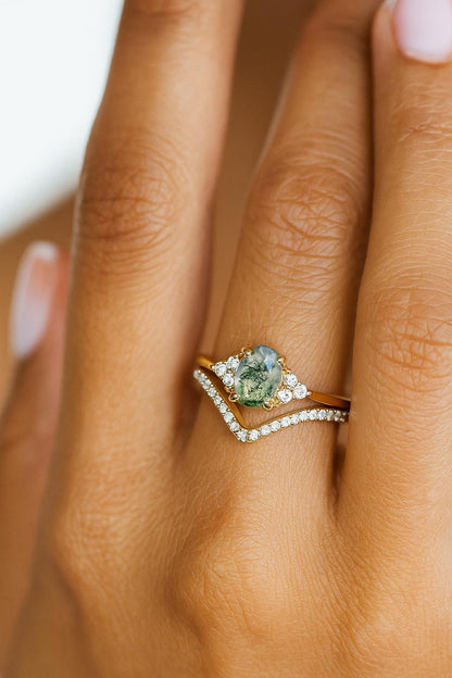 925 sterling silver moss agate green oval ring