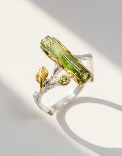 925 Sterling Silver Raw Tourmaline Branch Ring