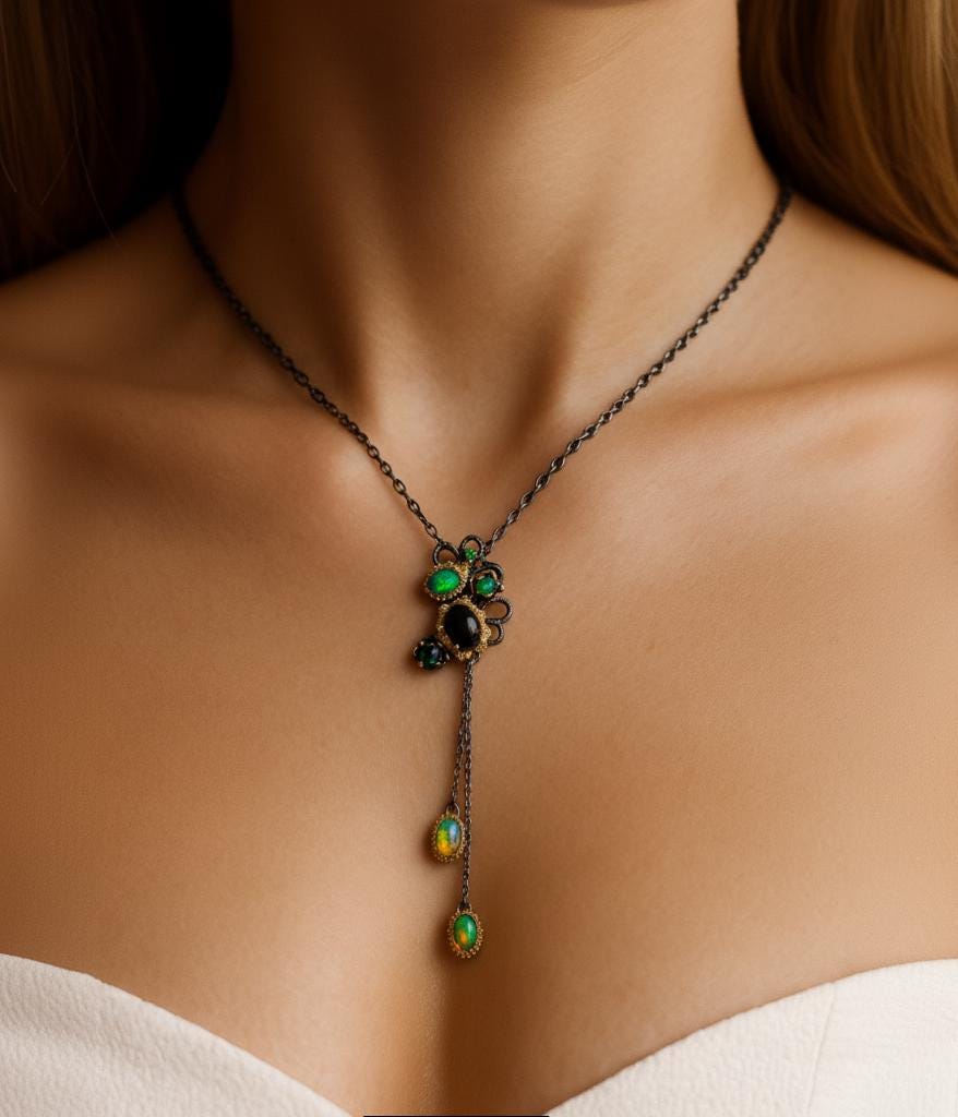 925 Sterling Silver Black Opal Lariat Necklace