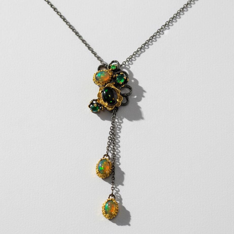 925 Sterling Silver Black Opal Lariat Necklace