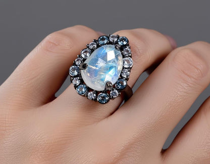 925 Sterling Silver Moonstone Halo Ring