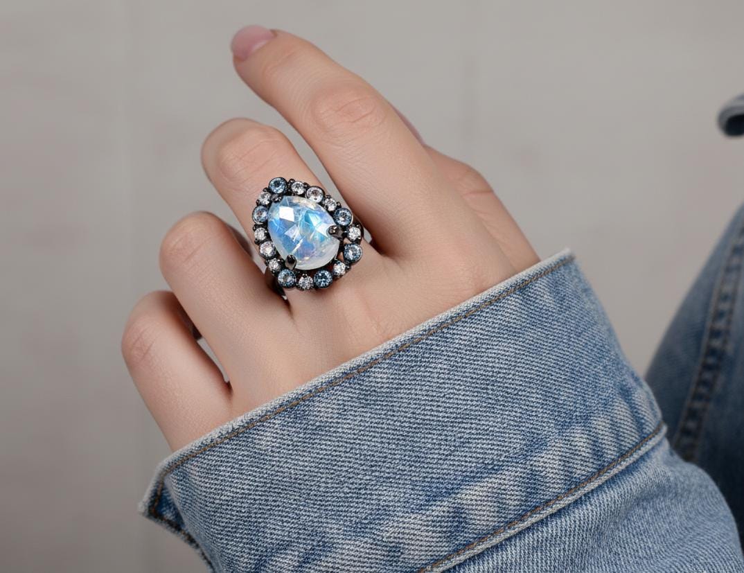 925 Sterling Silver Moonstone Halo Ring
