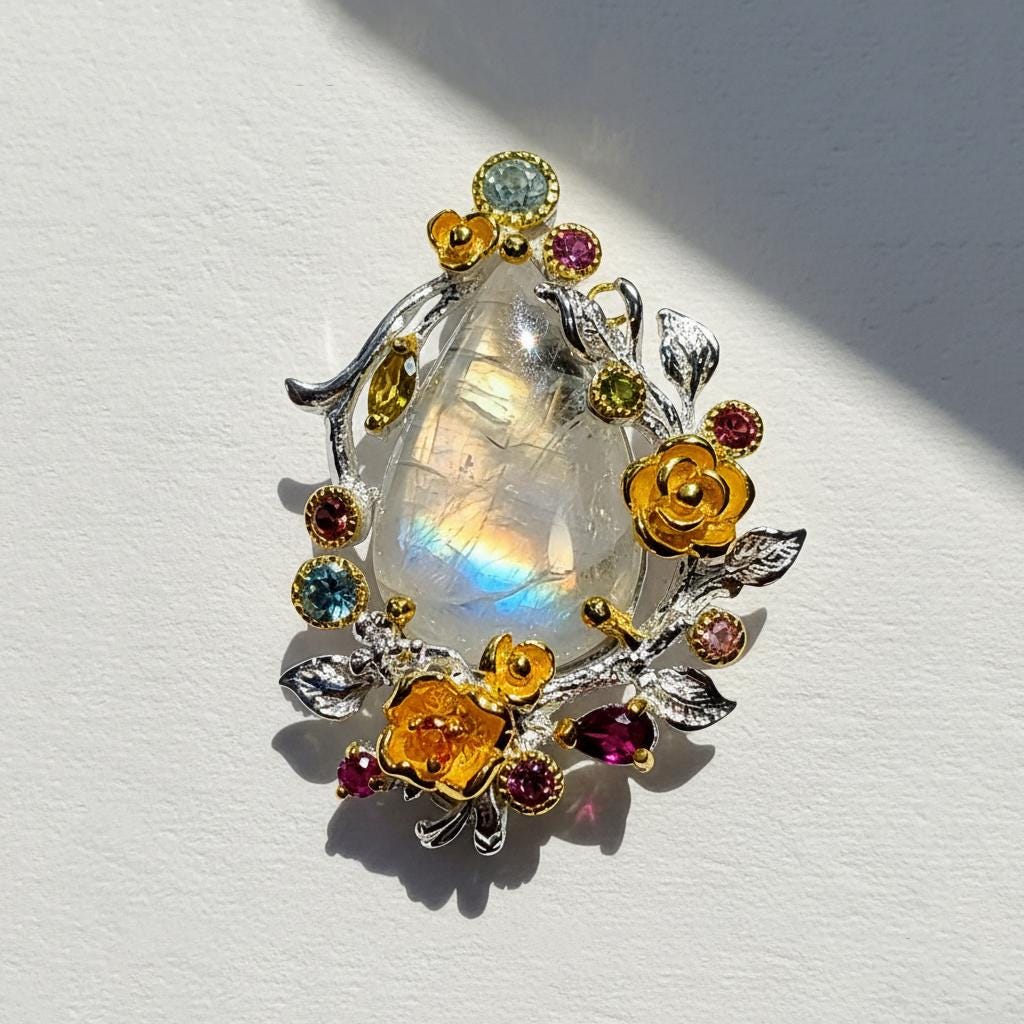 925 Sterling Silver Moonstone Floral Pendant