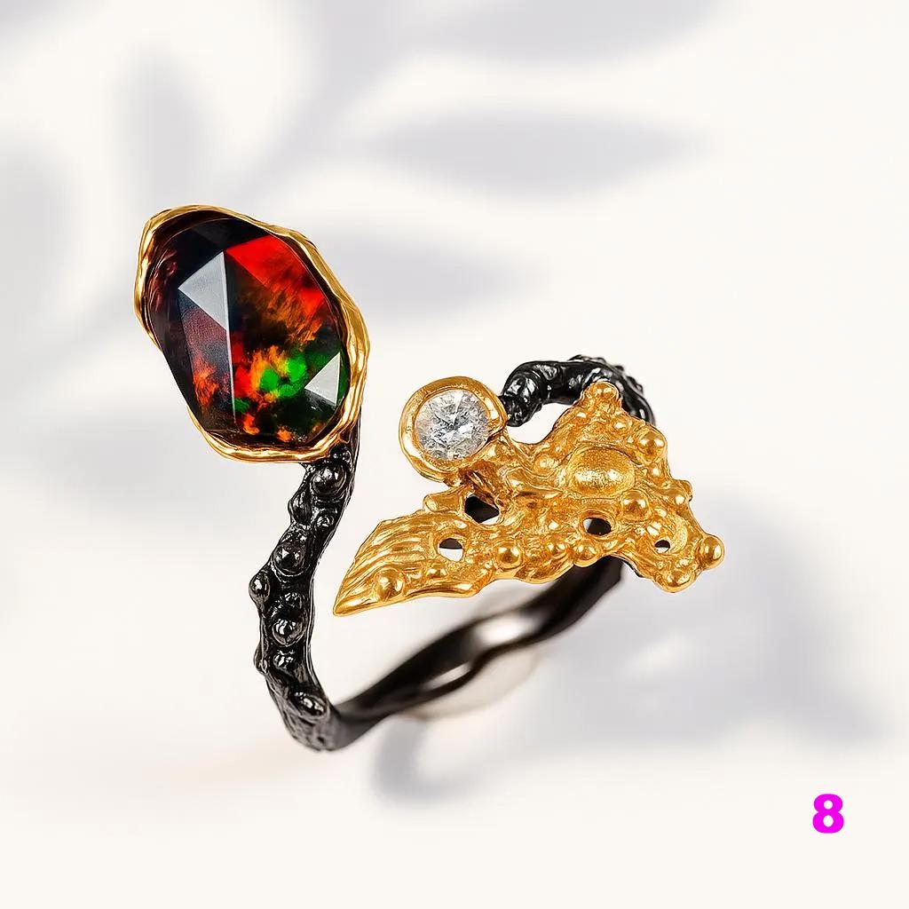 925 Sterling Silver Black Opal Leaf Ring