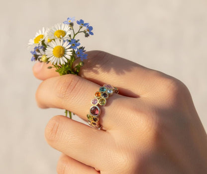 925 Sterling Silver Colorful Cluster Gemstone Ring