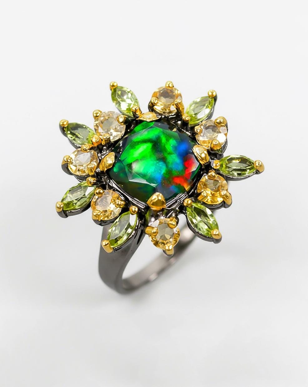 925 Sterling Silver Black Opal Halo Ring