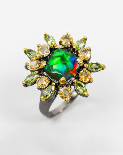 925 Sterling Silver Black Opal Halo Ring