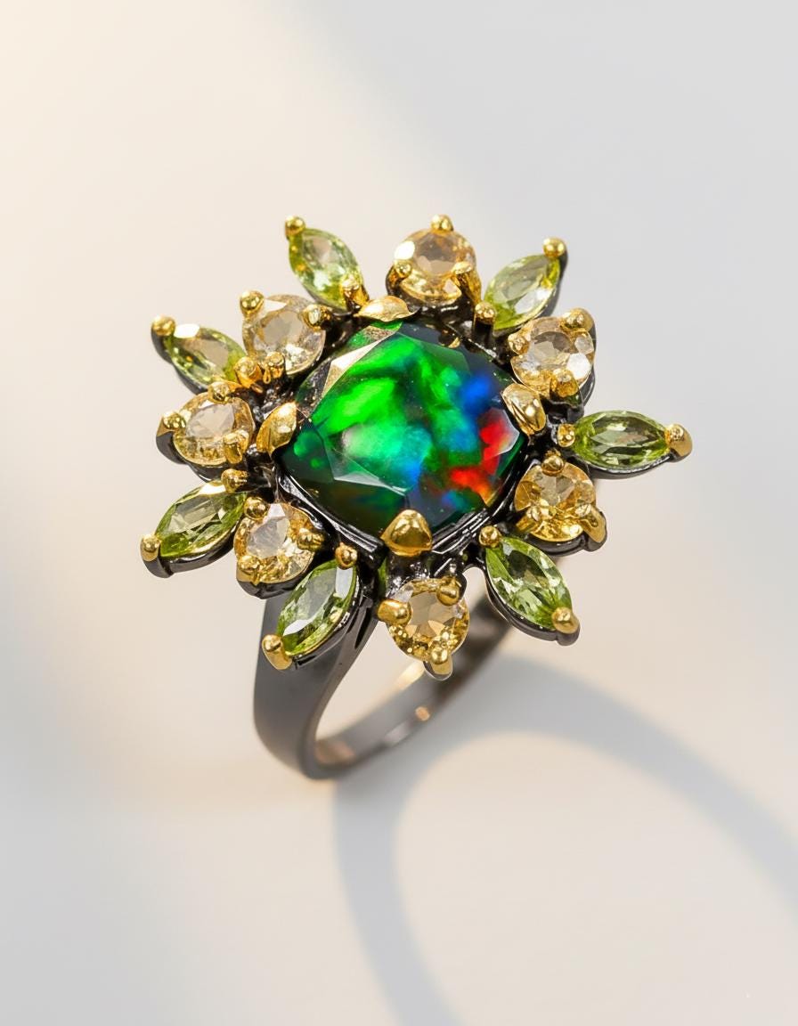 925 Sterling Silver Black Opal Halo Ring